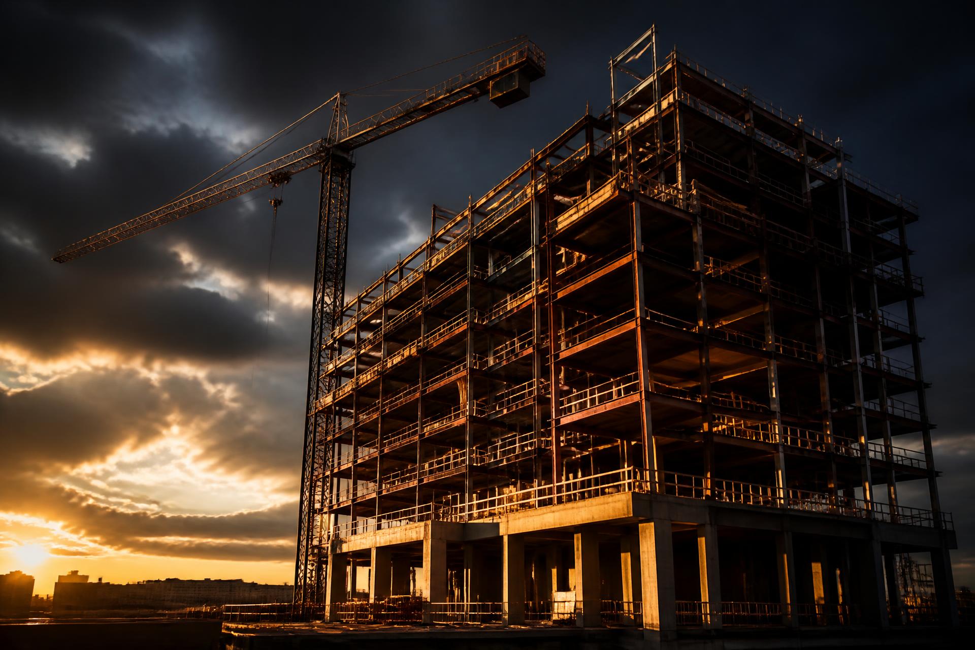 Steel frame high-rise under construction at dusk with a tower crane